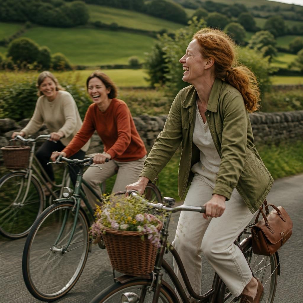 Femme entourée de ses amies, souriante et épanouie