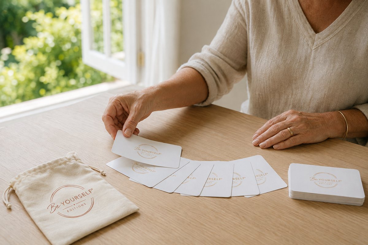Main posant délicatement sur une carte À l'écoute de soi, cartes en éventail et pochon en coton écru sur une table en bois.
