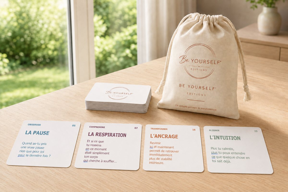 Quatre cartes du jeu À l'écoute de soi déployées sur une table, illustrant les quatre phases Observer, Comprendre, Transformer et Aligner, avec le pochon BE YOURSELF® au fond.