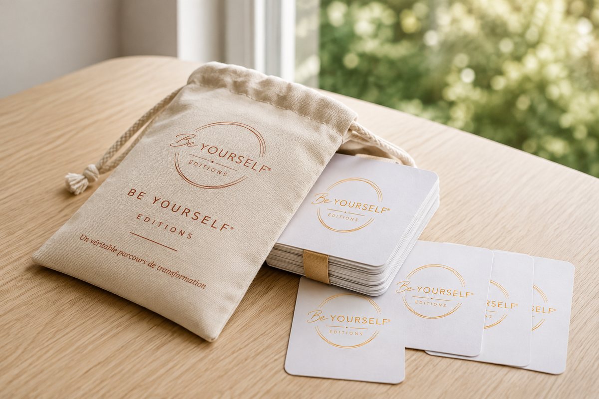Pochon en coton écru BE YOURSELF® ÉDITIONS et cartes À l'écoute de soi posées sur une table en bois clair.